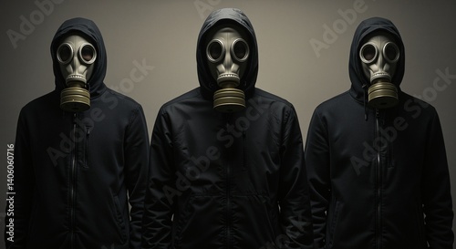 Three figures wearing gas masks with hoods conveying a sense of mystery and danger against a dark background