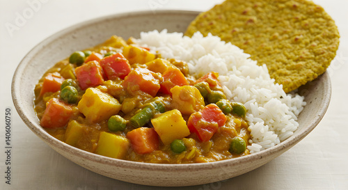 Vibrant vegetable curry served with rice and naan alternative close-up photo