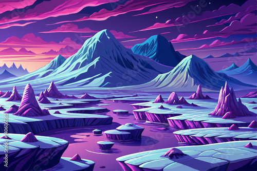 Polar Region Rugged arctic coastline with ice floes under cold blue hues at twilight, Simple cartoon design Flat style vector illustration, beautiful purple sky