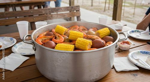 Steaming Cajun Shrimp Boil with Corn and Potatoes on a Picnic Table