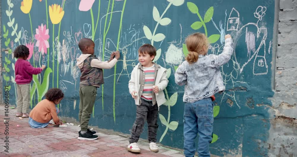 Art, city and creative with children and wall for friends, painting or community project. Flowers, learning and kindergarten education with group of kids and chalk for volunteer outreach program