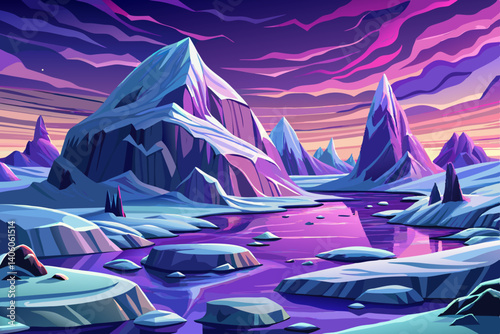 Polar Region Rugged arctic coastline with ice floes under cold blue hues at twilight, Simple cartoon design Flat style vector illustration, beautiful purple sky