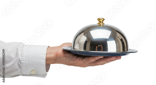 Isolated Hand Holding Silver Serving Cloche