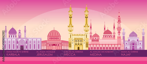 Sunset Skyline Panorama of the Most Famous Mosques - vector illustration