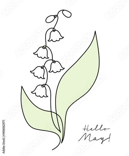 May Flower Lily of the Valley in One Continuous Line Drawing. Simple Minimalist Linear Beautiful Spring forest bells. Vector Illustration For wedding design, invitations. Line Art. Editable stroke