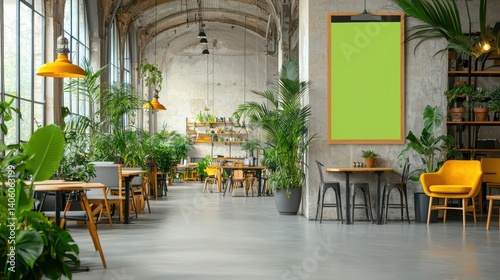 Bright and airy cafe interior with lush greenery and modern furniture, featuring a standout blank canvas for artwork.