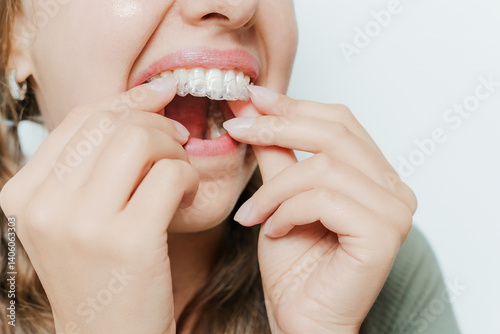 Woman Placing Clear Dental Aligner On Upper Teeth