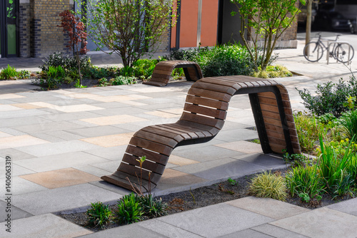 Modern Wavy Wooden Bench In Urban Space