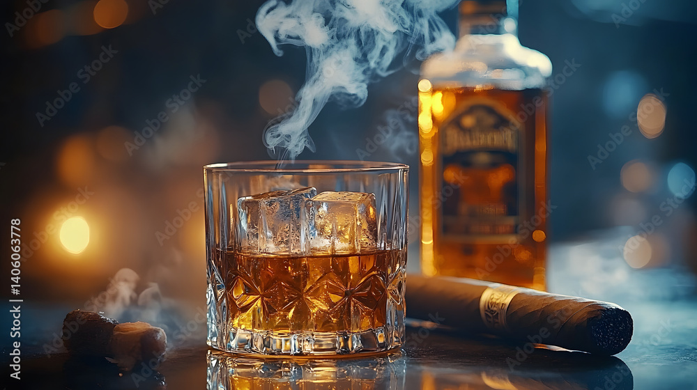 A bottle and a glass of whiskey with ice and a steaming Cuban cigar