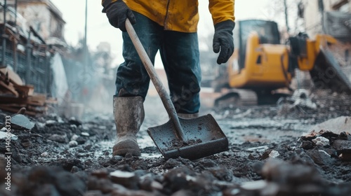 Laborer clearing debris from a construction site with a shovel. Featuring debris removal and site maintenance