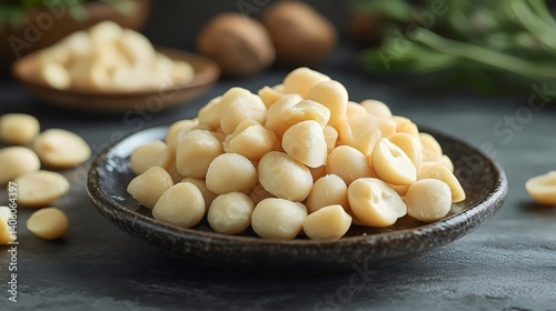 Peeled Macadamia Nuts on a Black Plate