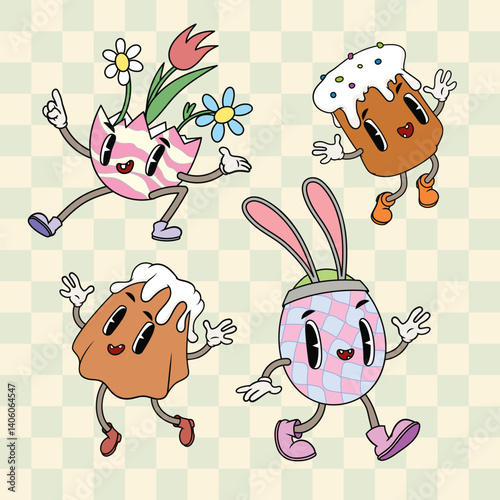 Groovy retro Easter cartoon characters set. Easter eggs and kulich (Panettone) mascots on light green check background. Vector illustrations.
