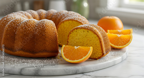 Delicious gluten-free orange polenta cake on marble plate sprinkled with sugar photo