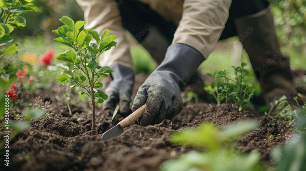 Landscaper planting trees along a garden path. Featuring nature and design Landscaper planting trees along a garden path. Featuring nature and design