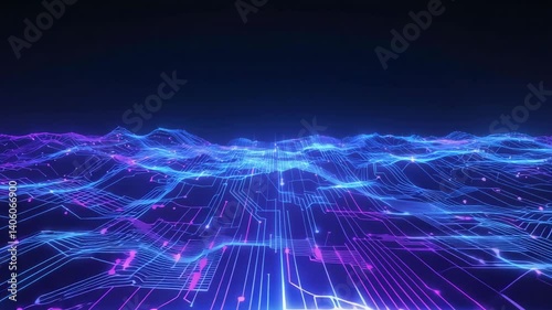 Neural network visualization with glowing blue data lines in motion