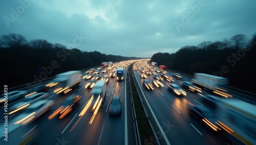Night Highway Traffic Jam - Blurred Motion of Vehicles