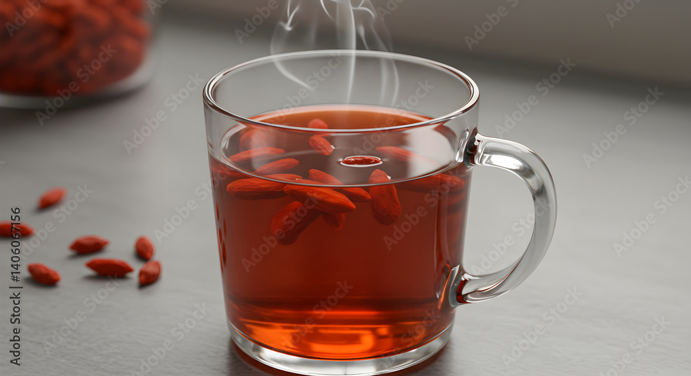 Steaming goji berry tea in glass mug with dried berries on gray surface Steaming goji berry tea in glass mug with dried berries on gray surface