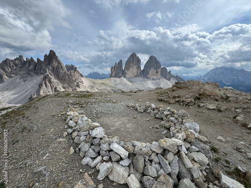 A small niche for sleeping, piled up from stones on a mountain peak opposite of famous mountain range Tre Cime di Lavaredo