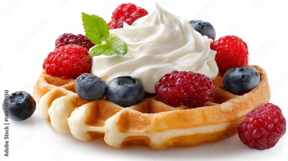 Delicious Waffle Topped with Fresh Berries and Creamy Whipped Topping Perfect for Breakfast or Dessert, Ideal for Food Photography and Culinary Presentation