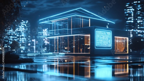 A futuristic house with a holographic foreclosure sign, reflecting a modern city setting with smart technology