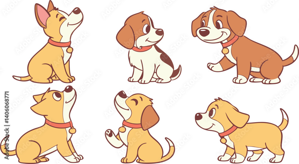 Fototapeta premium Cute Cartoon Dog Breeds Vector Set - Colorful Flat Animal Illustrations for Kids, Posters, and Pet Designs.eps