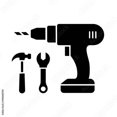 Silhouettes of three common tools, including a cordless drill, hammer, and wrench