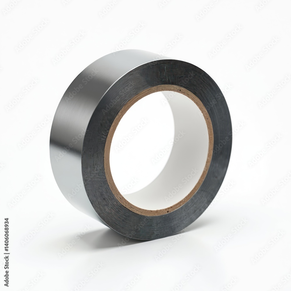Metallic adhesive tape roll on white background. Silver duct tape for repair. Aluminum foil. Insulation, sealing, protection for construction, industry, construction. Isolated object. Metallic adhesive tape roll on white background. Silver duct tape for repair. Aluminum foil. Insulation, sealing, protection for construction, industry, construction. Isolated object.