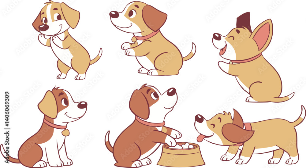 Fototapeta premium Cute Cartoon Dog Breeds Vector Set - Colorful Flat Animal Illustrations for Kids, Posters, and Pet Designs.eps