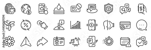 Online voting, Inspect and Graph chart line icons pack. Share, Message, Paper plane icons. Dice, Wallet, Phone chat web icon. Rotation gesture, Money app, Interview pictogram. Vector