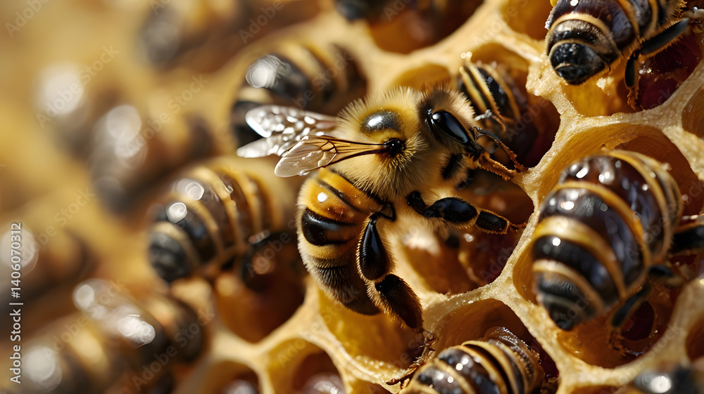 A razor-sharp, 4K vertical close-up of a dancing bee, surrounded by a cluster of fellow bees, their antennae delicately touching the leader's body, conveying a sense of intricate communication