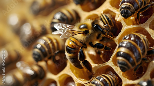 Obraz na płótnie A razor-sharp, 4K vertical close-up of a dancing bee, surrounded by a cluster of fellow bees, their antennae delicately touching the leader's body, conveying a sense of intricate communication w salonie