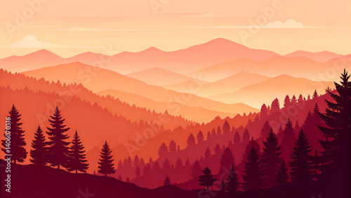 Sunset Forest Landscape – Stylized Mountain Layers with Autumn Glow.