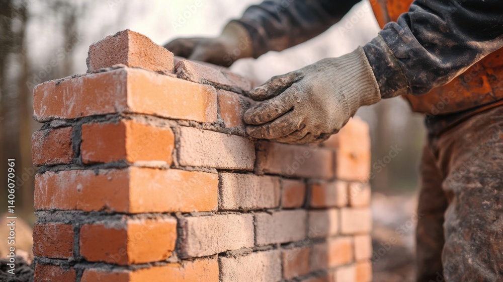 Fototapeta premium Mason constructing a brick chimney on a house. Featuring masonry and chimney construction