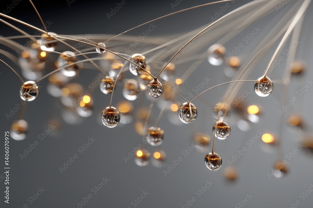 Obraz premium Close-up of abstract dandelion seed with water droplets on golden fibers, creating a mesmerizing play of light and reflection on a soft, gray background.
