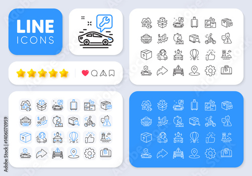 Lighthouse, Hand baggage and Cyclist line icons for web app. Message, Share, Like social media icons. Pack of Warning, Vip parcel, Package pictogram icons. Vector