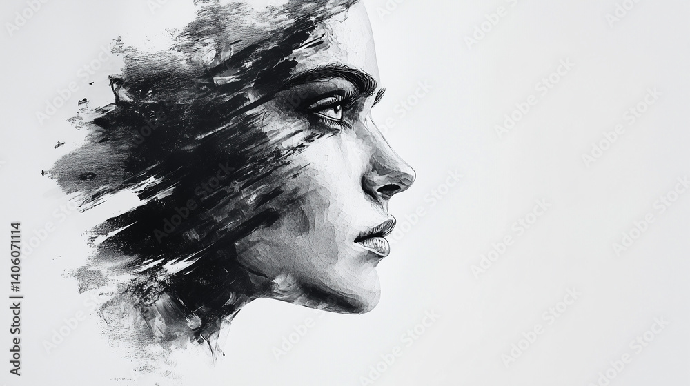 Fototapeta premium Woman face in abstract expressionist style and traditional ink wash painting