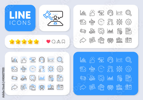 Teamwork questions, Web3 and Column diagram line icons for web app. Message, Share, Like social media icons. Pack of Court judge, Cyber attack, Binary code pictogram icons. Vector