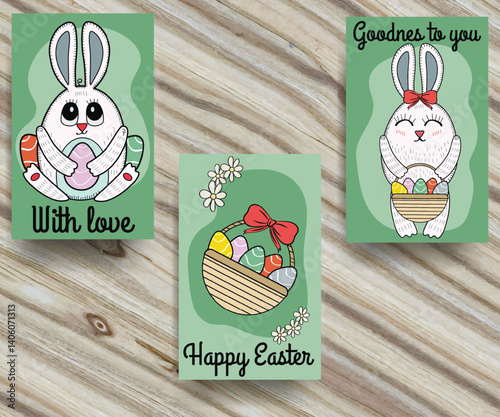 A set of three vector Easter cards. Festive Easter cards with rabbit and eggs. Easter eggs. Cute baby style
