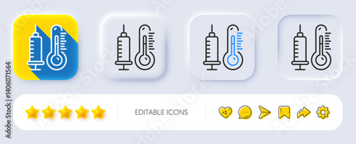 Thermometer with vaccine line icon. Neumorphic, Flat shadow, 3d buttons. Temperature diagnostic sign. Fever measuring symbol. Line thermometer icon. Social media icons. Vector
