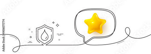 Water resistant line icon. Continuous line with 3d star. Waterproof shield sign. Drop protection symbol. 3d star in speech bubble. Waterproof single line ribbon. Loop curve pattern. Vector