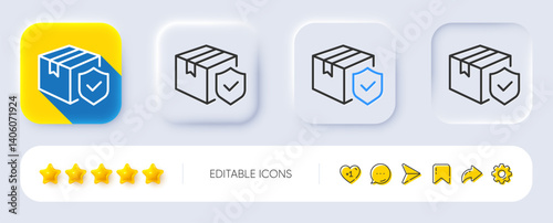 Parcel insurance line icon. Neumorphic, Flat shadow, 3d buttons. Risk coverage sign. Package delivery protection symbol. Line parcel insurance icon. Social media icons. Vector