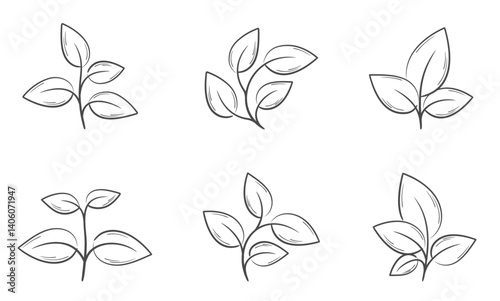 Plants with leaves line illustration set. Nature and planting design elements. Isolated vector images