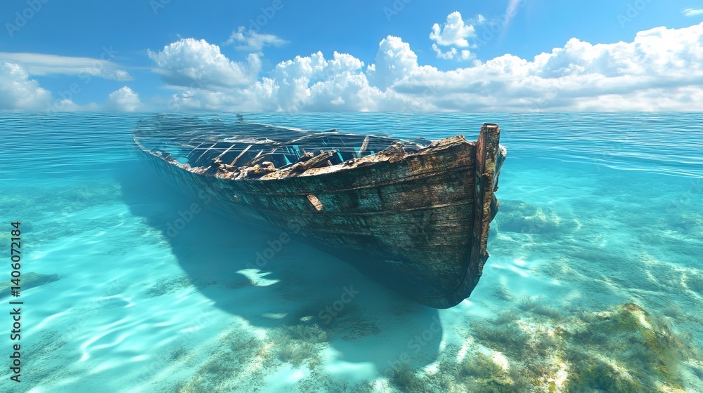 Sunken shipwreck resting on the ocean floor with clear turquoise water and a bright blue sky above it