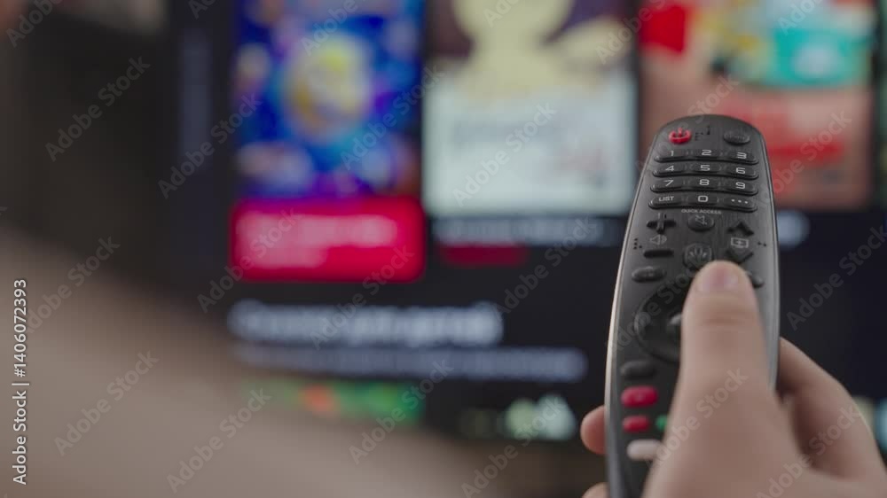 girl controls the TV remote control in room at home, rest on weekend, remote control of a modern smart TV, control TV and movie channels, close-up, blurred display screen, smart page scrolling device.