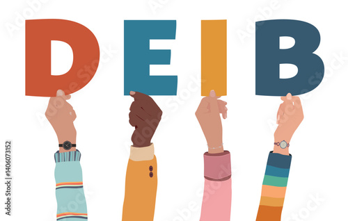 Multicultural Hands Holding Colorful Letters Forming the Word DEIB Isolated on Transparent Background