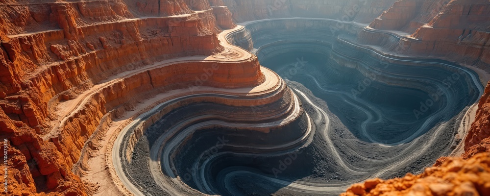 Naklejka premium Aerial view of open pit mine quarry. Industrial landscape of large mining pit with heavy equipment, roads, trucks. Mineral extraction, ore excavation. Gold, iron, copper mining. Deep pit quarry site.