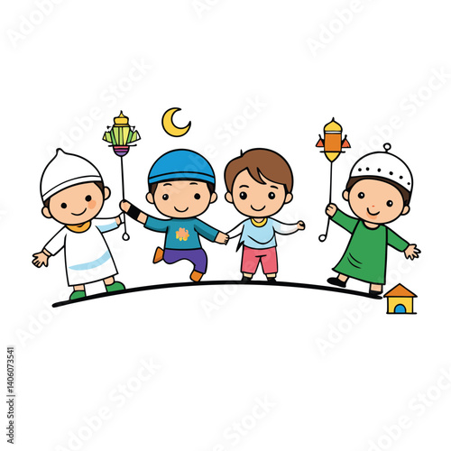 Monochrome Crescent Eid Illustration with Mosque and Floating Lanterns