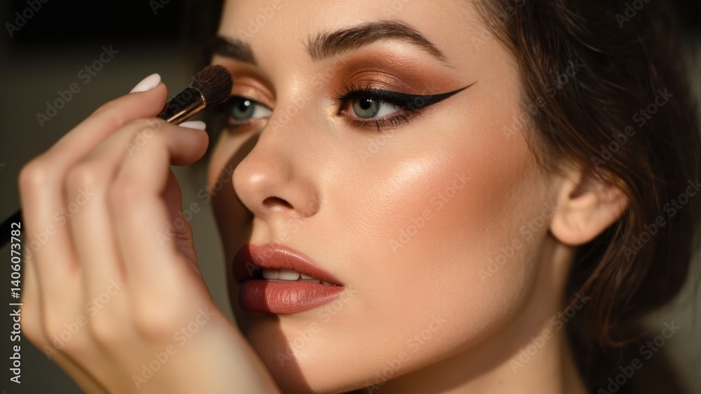 A close-up of a hand holding a makeup brush near the ear, poised for application. The image highlights precise grooming, focusing on beauty, cosmetics, and personal care. A close-up of a hand holding a makeup brush near the ear, poised for application. The image highlights precise grooming, focusing on beauty, cosmetics, and personal care.