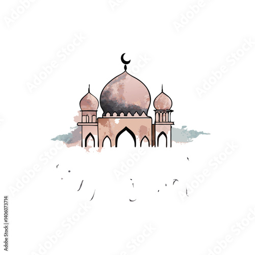 Digital Eid Card with Yellow Watercolor, Mosque Skyline and Lanterns