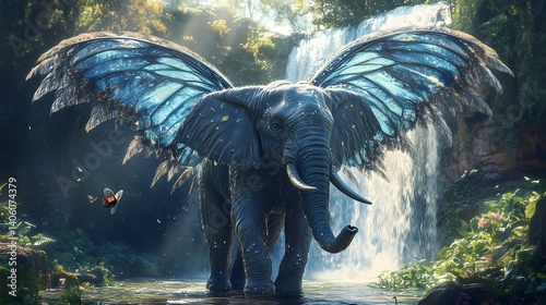 Elephant with butterfly wings, enchanting forest, waterfall backdrop, magical realism, serene nature fusion.